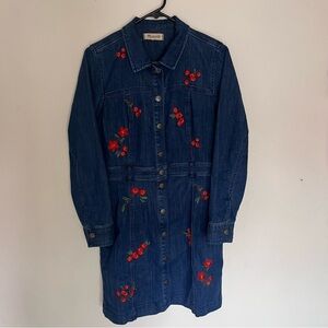 Embroidered long sleeve button down denim dress